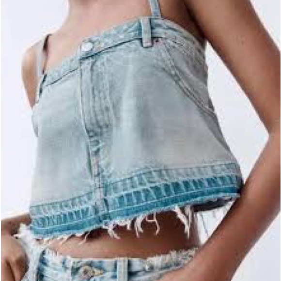 ZARA TRF Denim Skirt Effect Crop Top Size L NWT - Picture 2 of 7